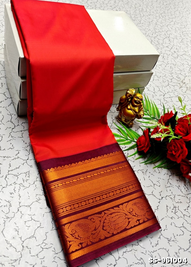 FANCY PLAIN SOFT SILK SAREES COPPER  DESIGN BORDER  - RED