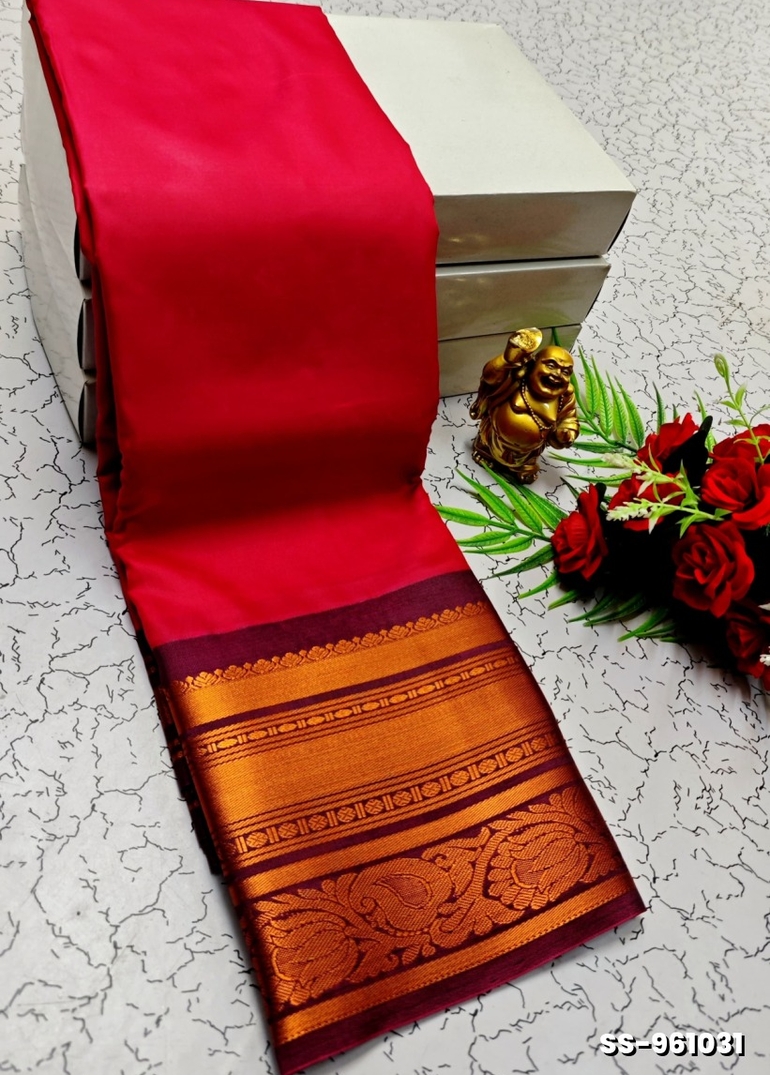FANCY PLAIN SOFT SILK SAREES COPPER  DESIGN BORDER  - DARK PINK