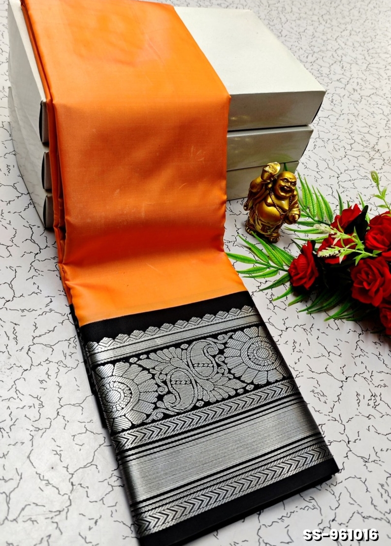 FANCY PLAIN SOFT SILK SAREES SILVAR DESIGN BORDER  - ORANGE