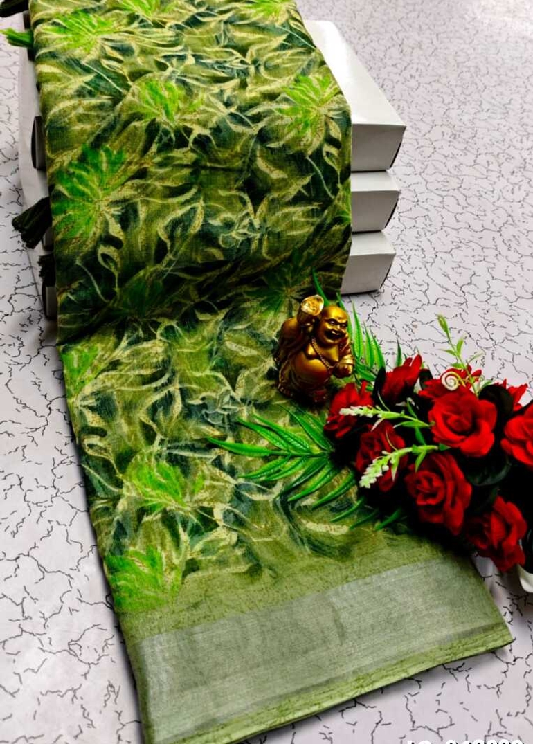 DIGITAL PRINTING LINEN COTTON SAREES - PESTA GREEN