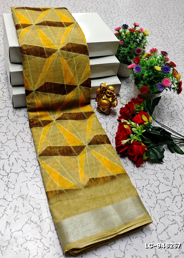DIGITAL PRINTING LINEN COTTON SAREES - GOLD COLOUR