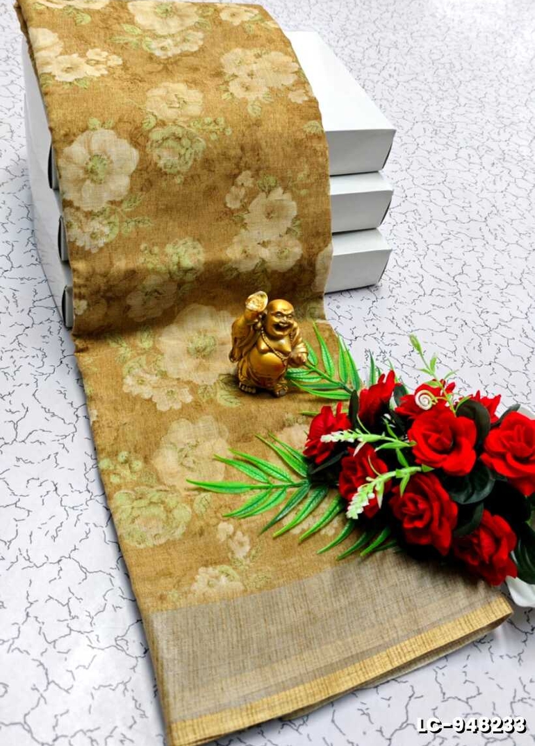 DIGITAL PRINTING LINEN COTTON SAREES - CREAM