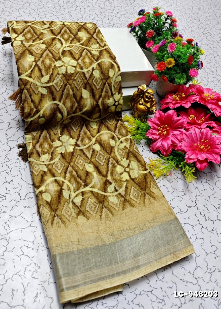 DIGITAL PRINTING LINEN COTTON SAREES - GOLD