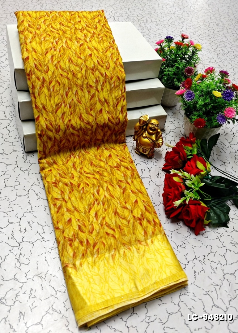 DIGITAL PRINTING LINEN COTTON SAREES - YELLOW