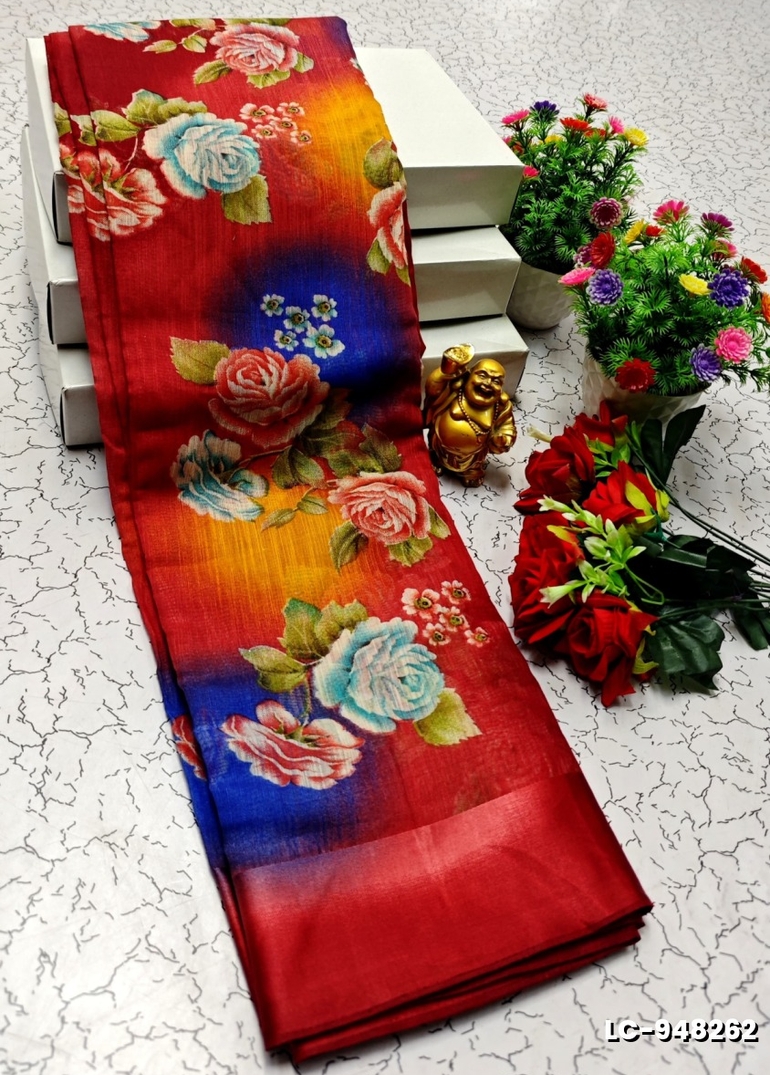 DIGITAL PRINTING LINEN COTTON SAREES - MAROON COLOR