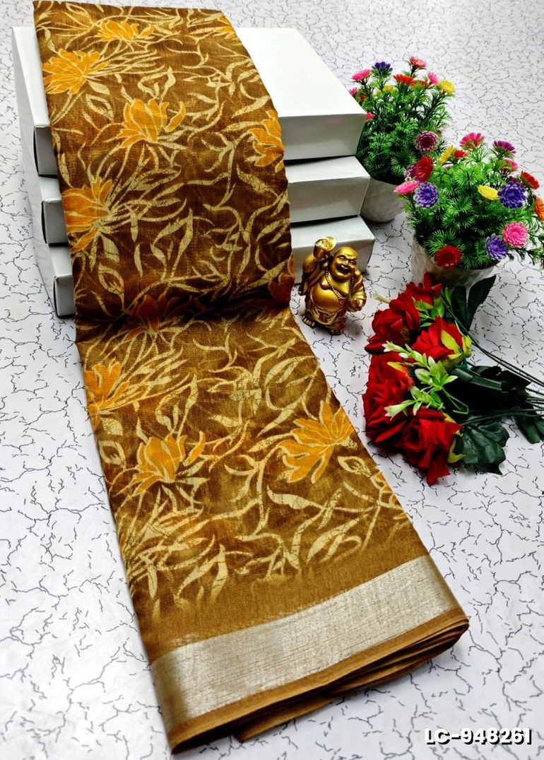 DIGITAL PRINTING LINEN COTTON SAREES - YELLOW COLOR