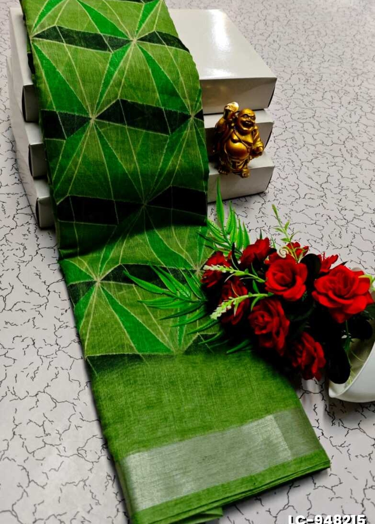 DIGITAL PRINTING LINEN COTTON SAREES - GREEN