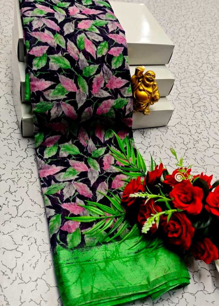 DIGITAL PRINTING LINEN COTTON SAREES - INDIGO COLOUR