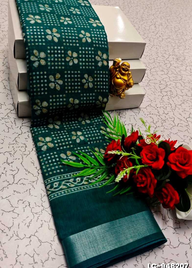 DIGITAL PRINTING LINEN COTTON SAREES - TEAL COLOUR
