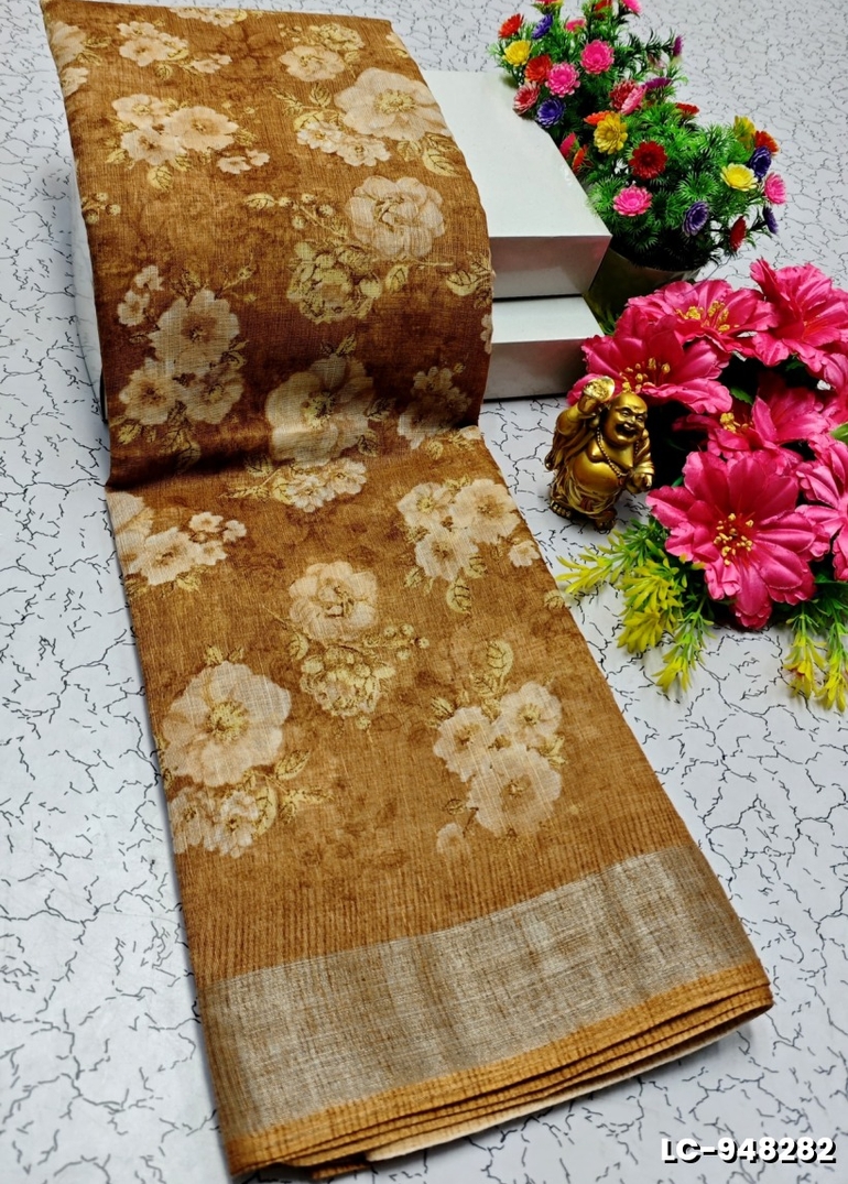 DIGITAL PRINTING LINEN COTTON SAREES - METALLIC GOLD