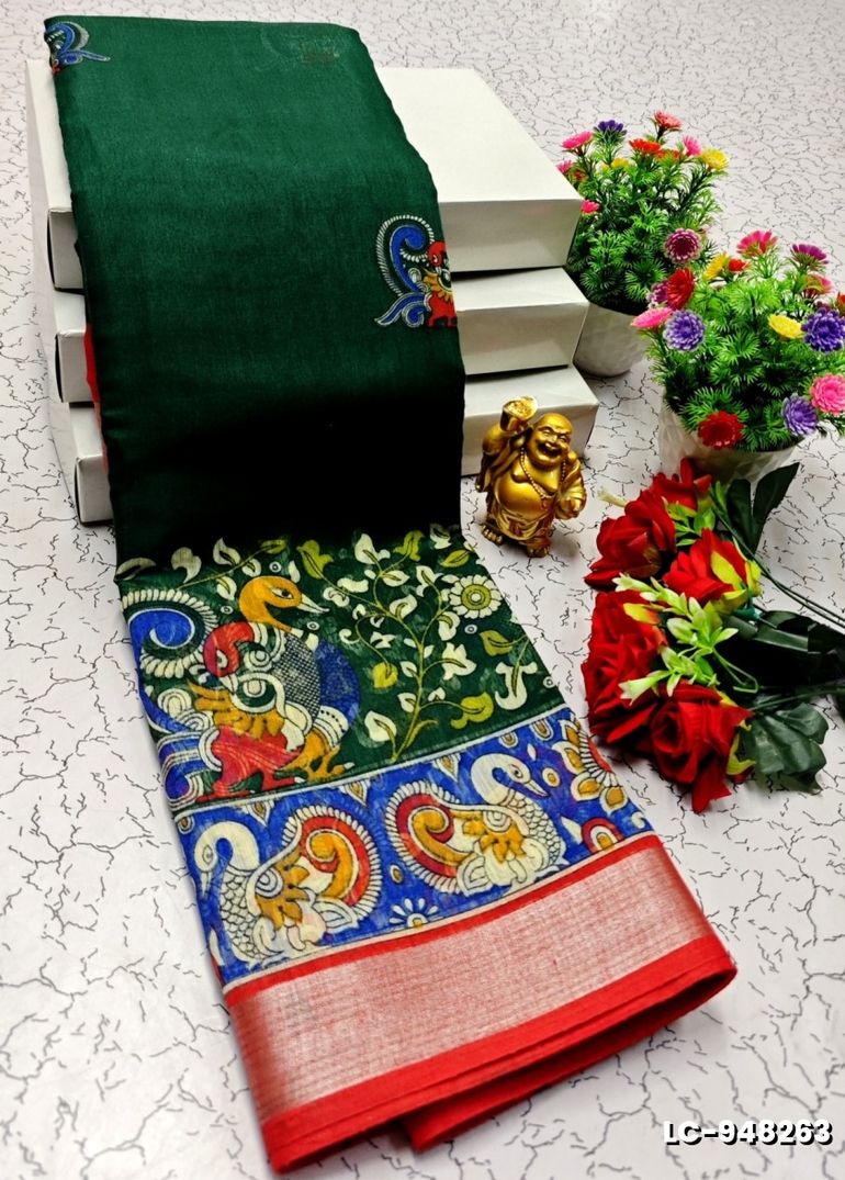 DIGITAL PRINTING LINEN COTTON SAREES - GREEN COLOUR