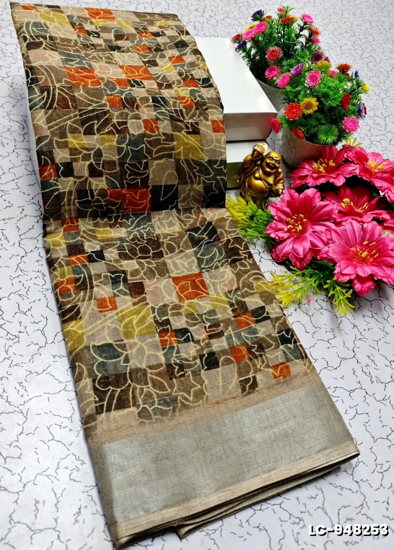 DIGITAL PRINTING LINEN COTTON SAREES - BROWN