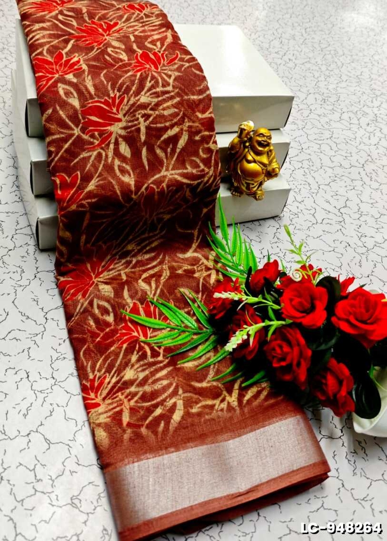 DIGITAL PRINTING LINEN COTTON SAREES - BROWN COLOUR