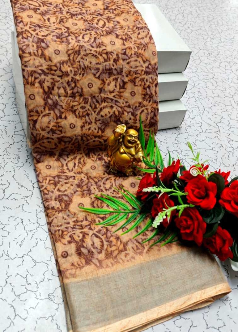 DIGITAL PRINTING LINEN COTTON SAREES - CREAM COLOR