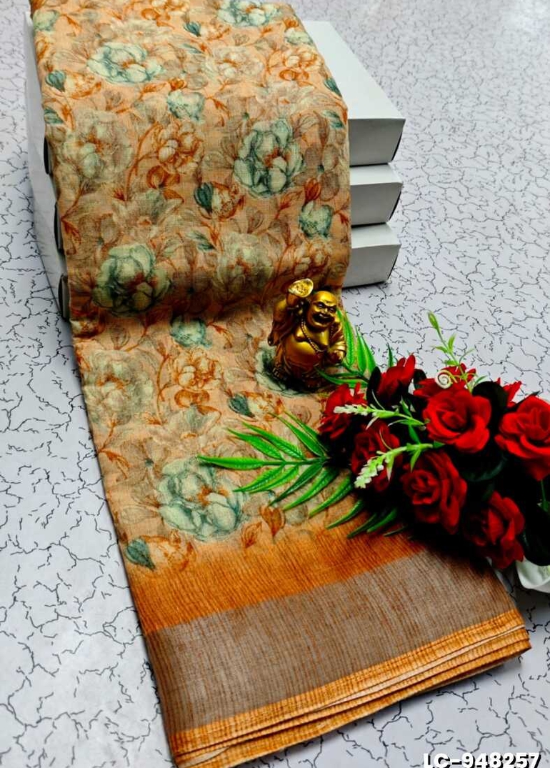 DIGITAL PRINTING LINEN COTTON SAREES - LIGHT ORANGE