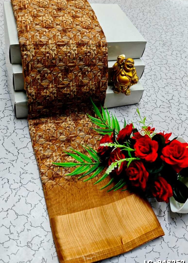 DIGITAL PRINTING LINEN COTTON SAREES - VENTHAYA COLOUR