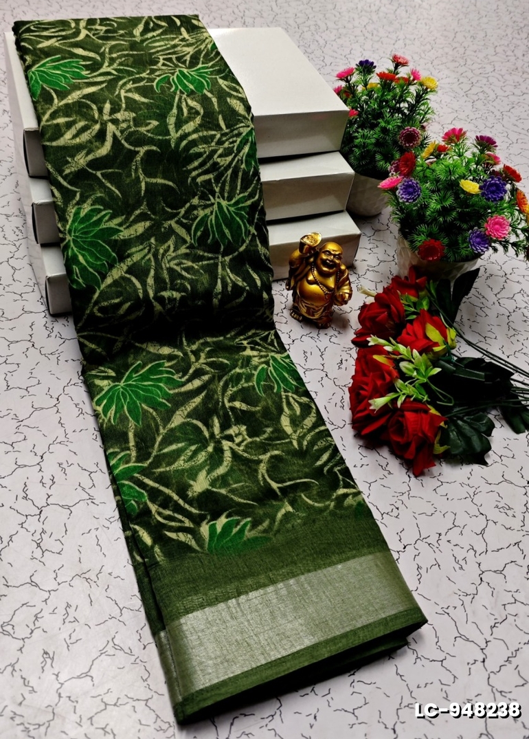 DIGITAL PRINTING LINEN COTTON SAREES - DARK GREEN