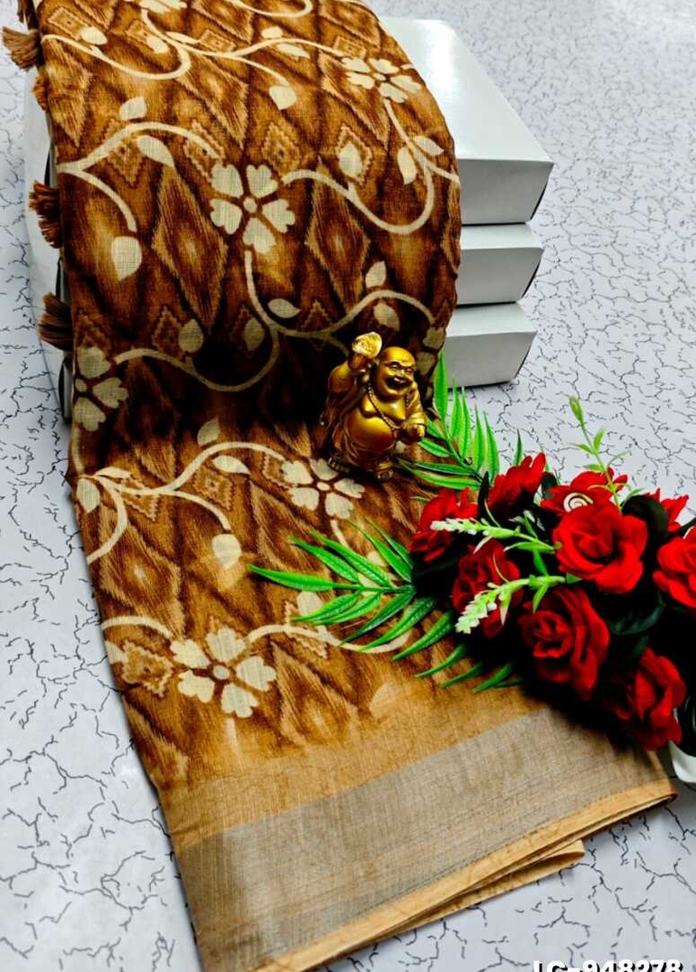 DIGITAL PRINTING LINEN COTTON SAREES - BRONCE COLOUR