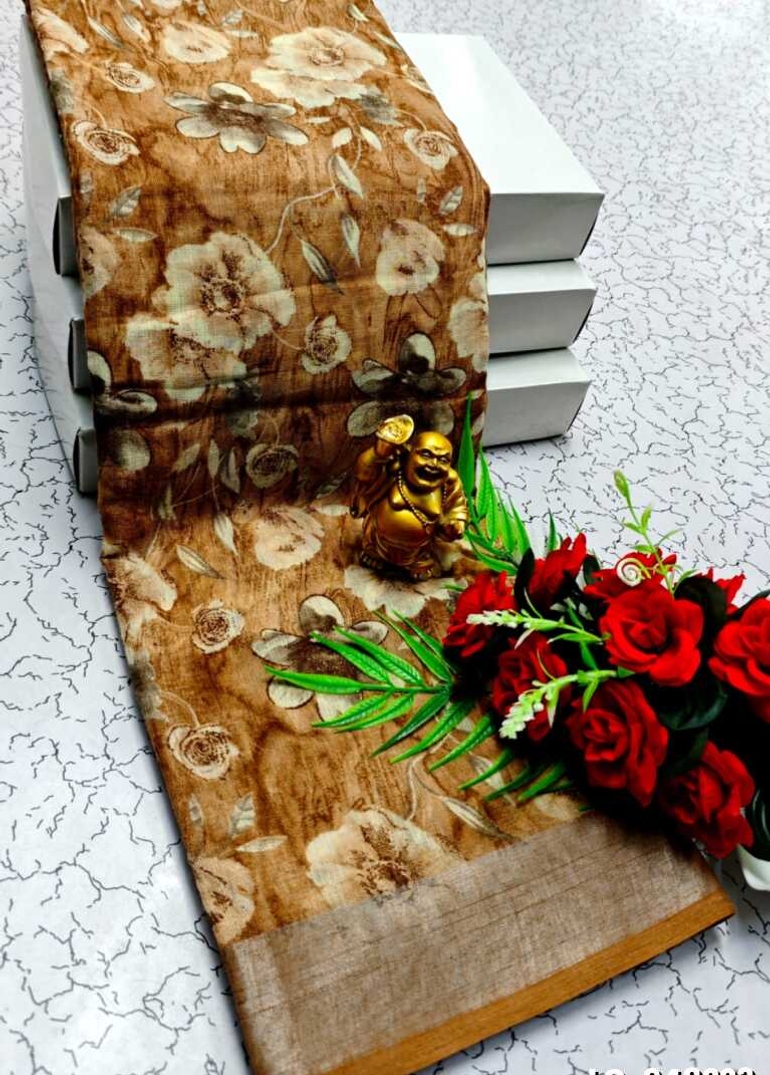 DIGITAL PRINTING LINEN COTTON SAREES - LIGHT SANDLE