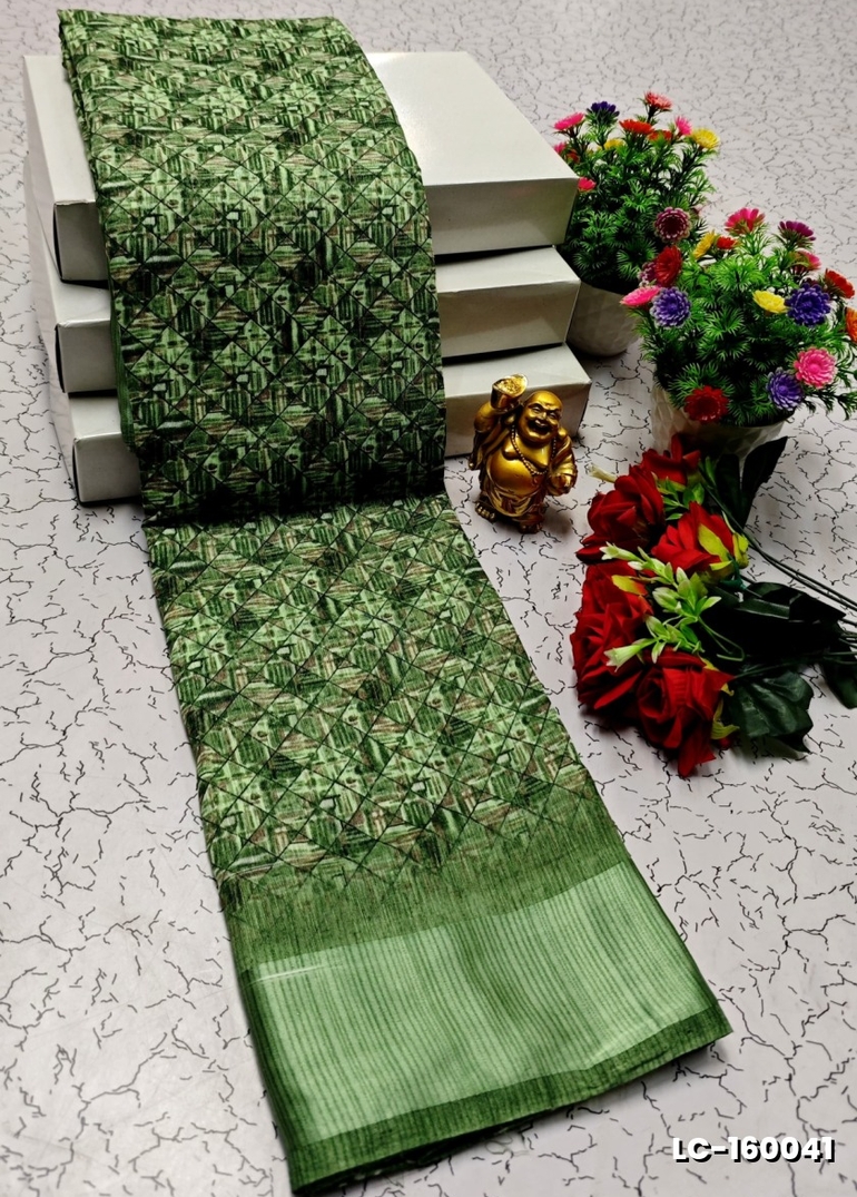 DIGITAL PRINTING LINEN COTTON SAREES - LIGHT GREEN