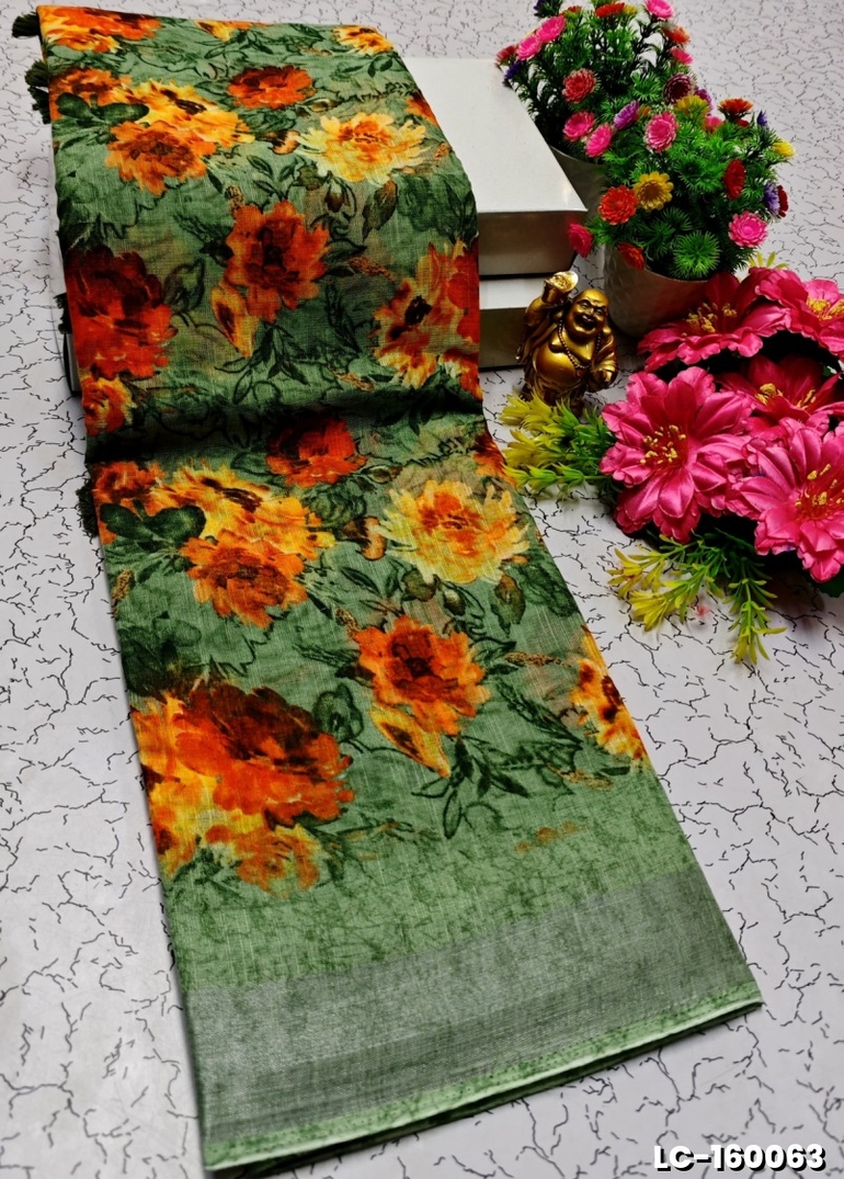 DIGITAL PRINTING LINEN COTTON SAREES - GREEN COLOUR (1)