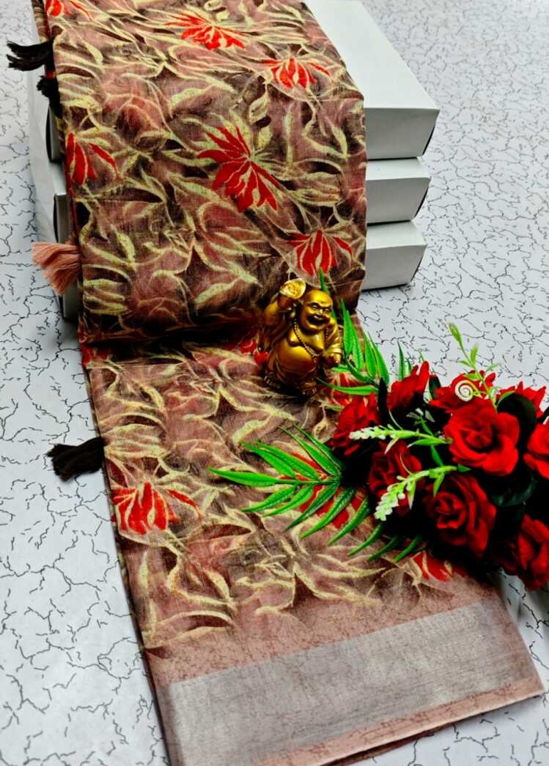 DIGITAL PRINTING LINEN COTTON SAREES - CREAM COLOR (1)
