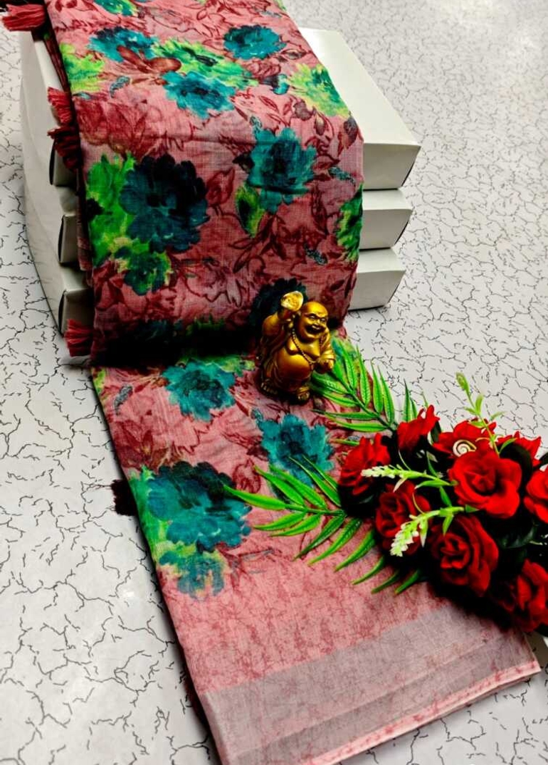 DIGITAL PRINTING LINEN COTTON SAREES - BABY PINK