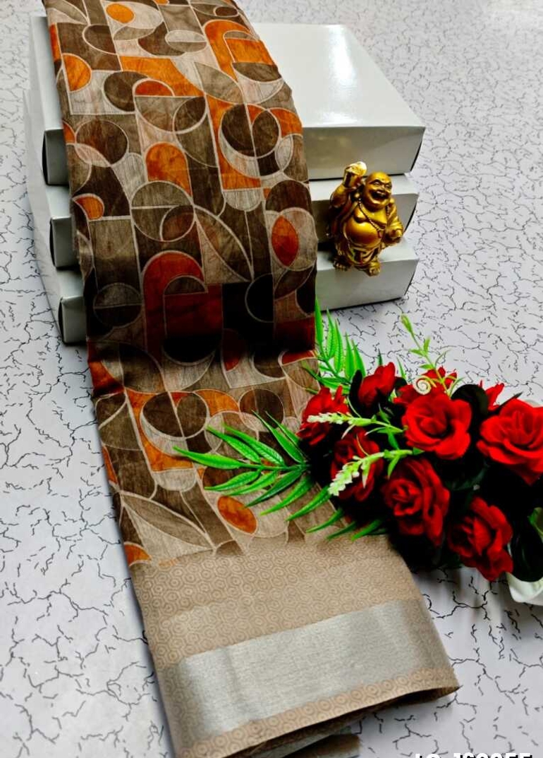 DIGITAL PRINTING LINEN COTTON SAREES - MILD GOLD