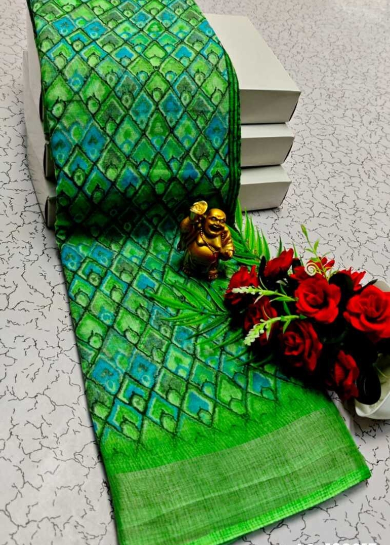 DIGITAL PRINTING LINEN COTTON SAREES - GREEN (1)