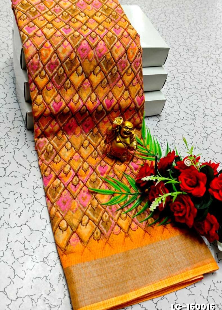 DIGITAL PRINTING LINEN COTTON SAREES - ORANGE