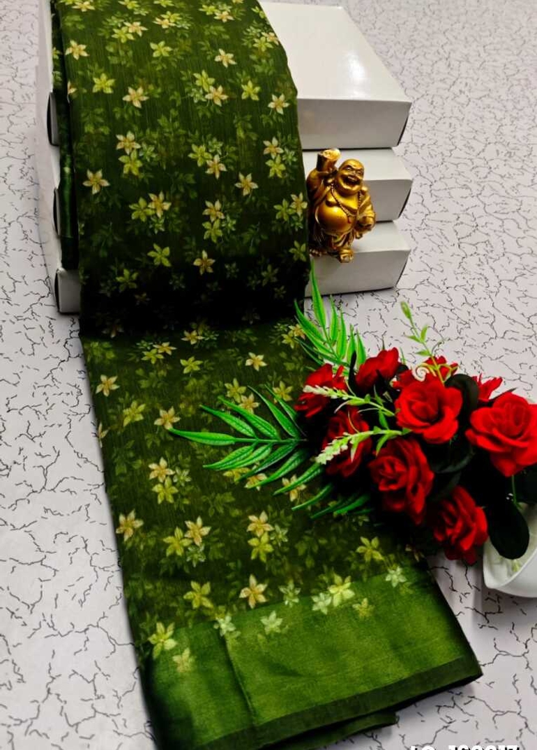 DIGITAL PRINTING LINEN COTTON SAREES - OLIVE GREEN