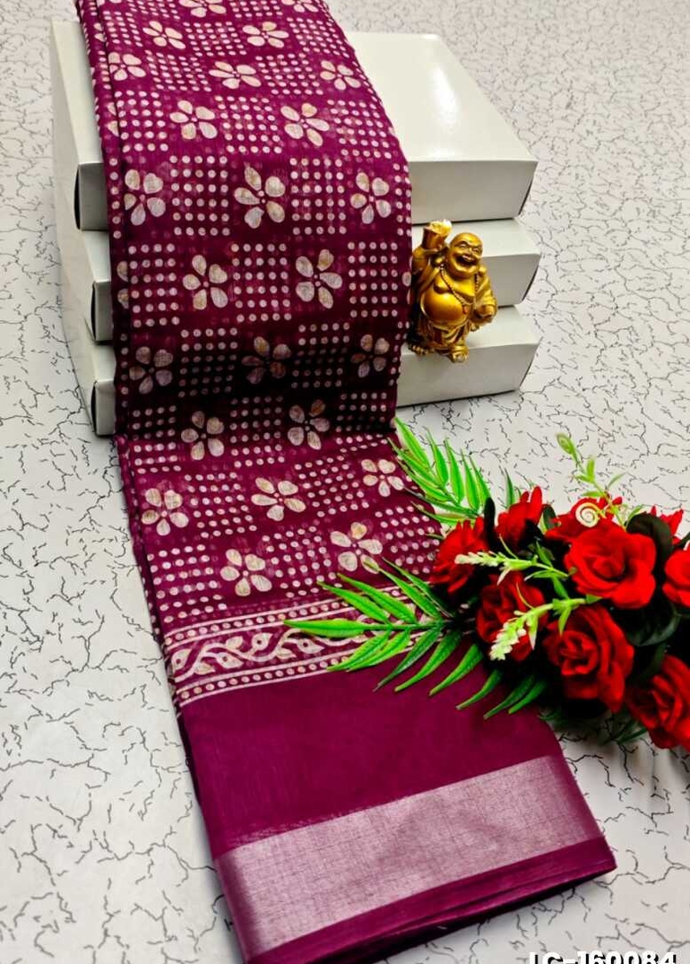 DIGITAL PRINTING LINEN COTTON SAREES - WINE COLOUR