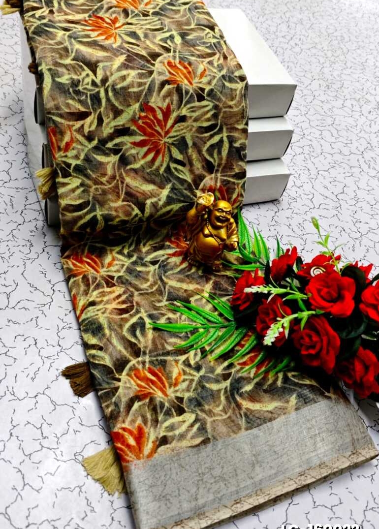 DIGITAL PRINTING LINEN COTTON SAREES - COFEE BROWN