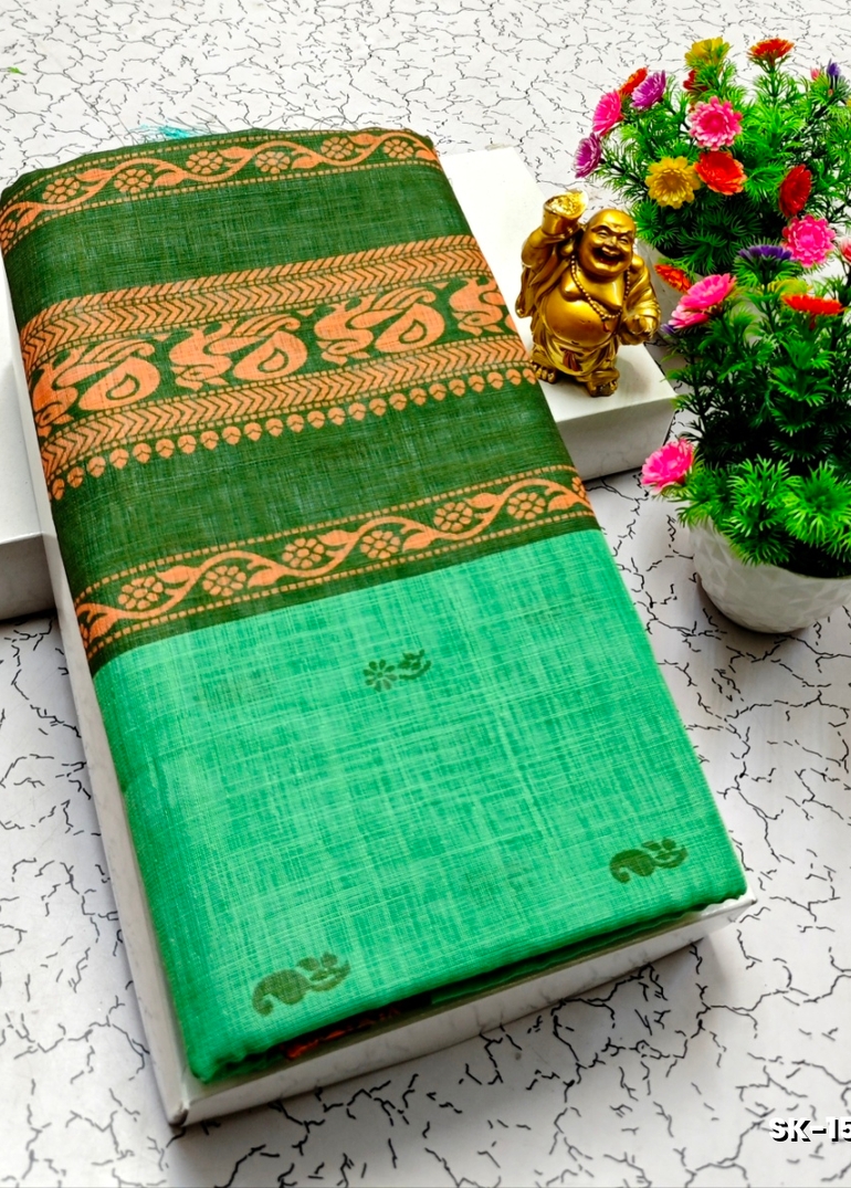 DIGITAL PRINTING KALIYANI LINEN COTTON SAREES - DARK SKY BLUE