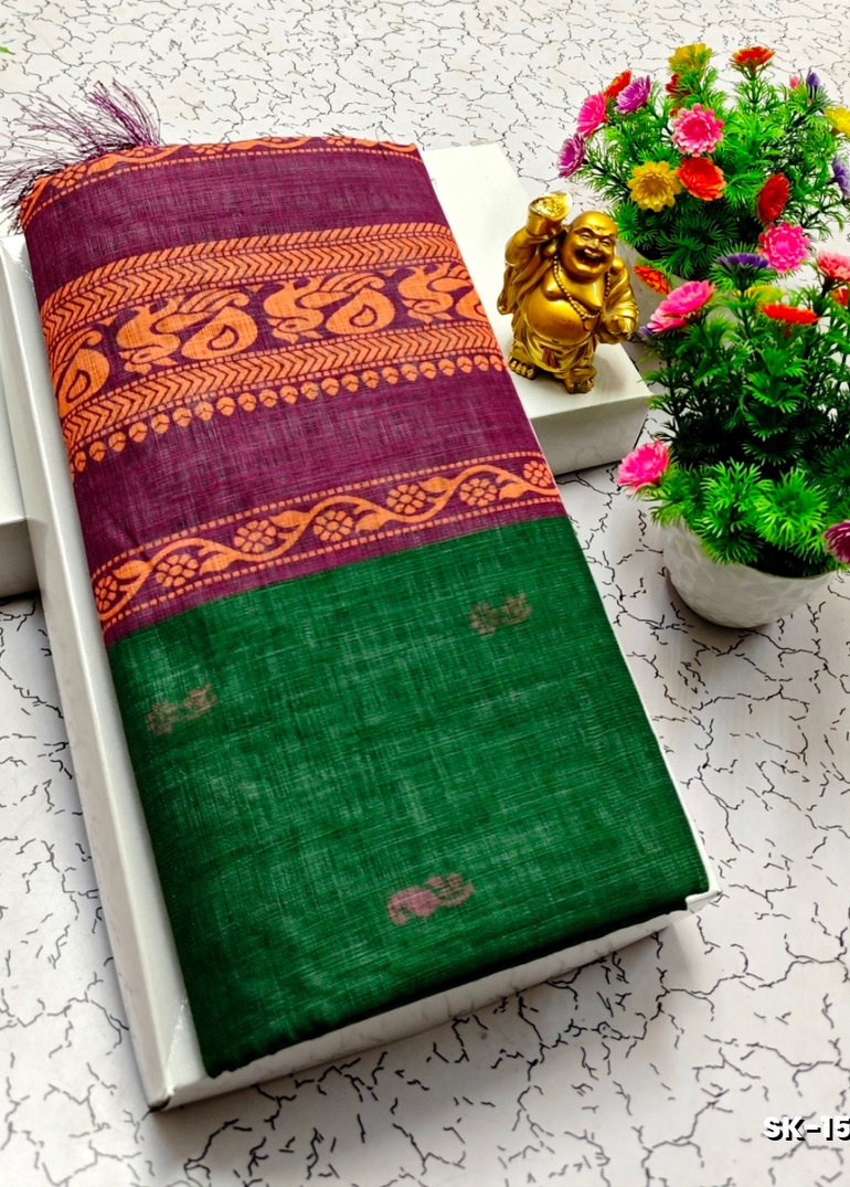 DIGITAL PRINTING KALIYANI LINEN COTTON SAREES - BULE