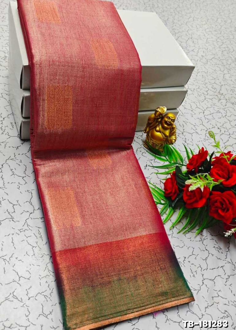 KANCHIPURAM TISSUE TRENDING DESIGN FANCY DHARMAVARAM SILK SAREES - TOMATO COLOUR