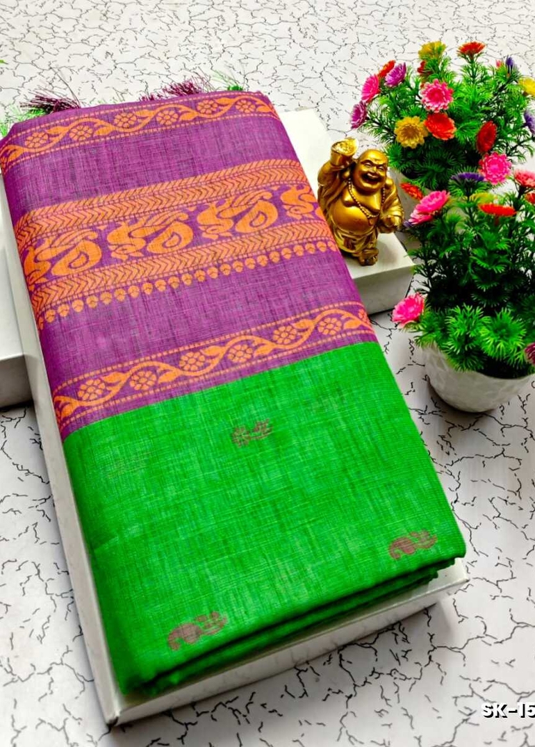 DIGITAL PRINTING KALIYANI LINEN COTTON SAREES - TEAL COLOUR