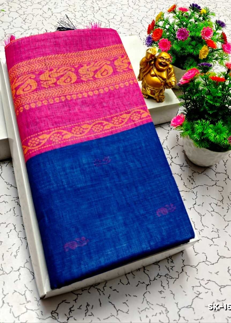 DIGITAL PRINTING KALIYANI LINEN COTTON SAREES - NAVY COLOUR