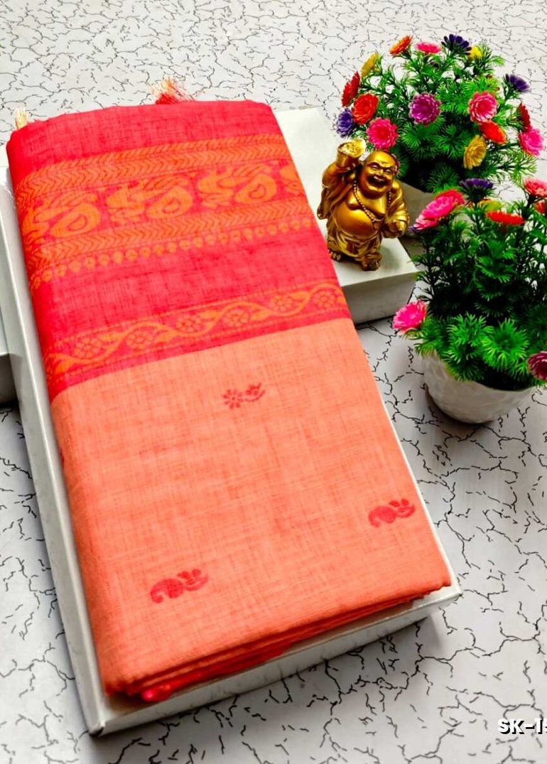 DIGITAL PRINTING KALIYANI LINEN COTTON SAREES - ORANGE
