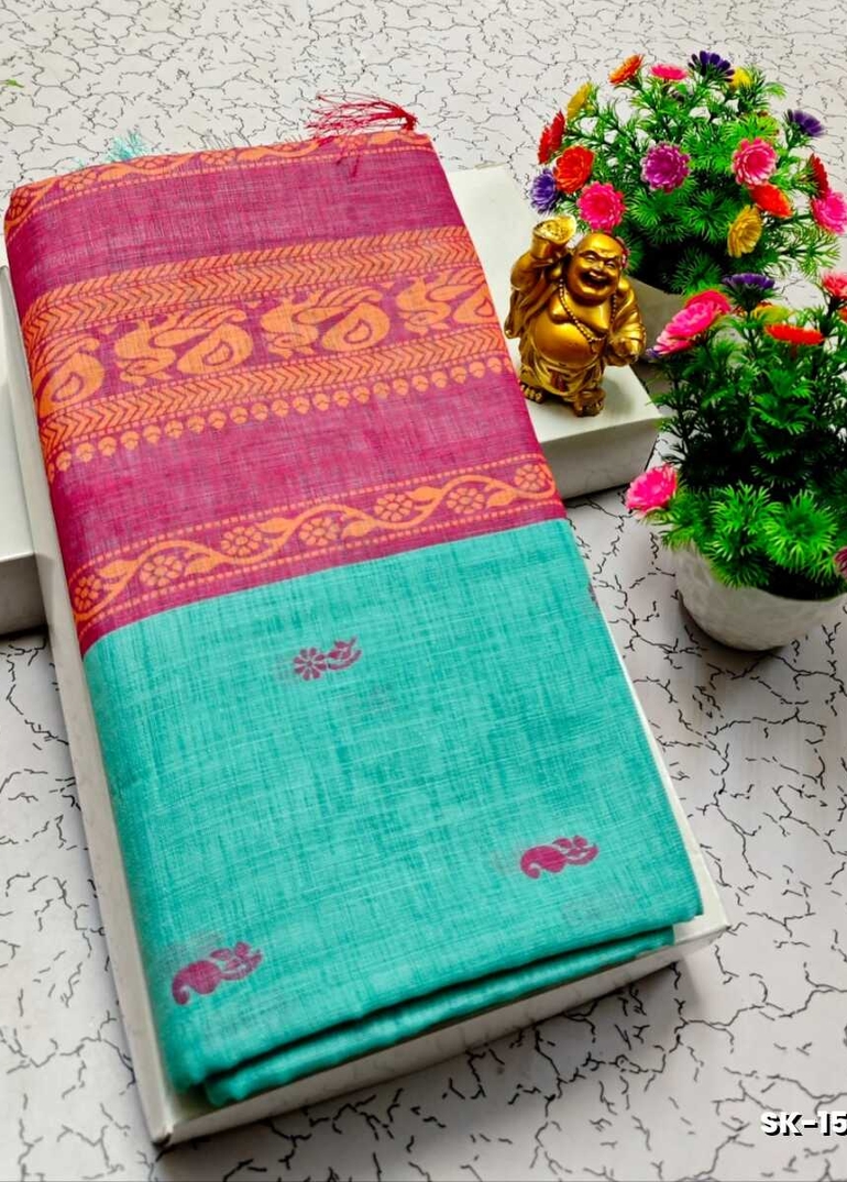 DIGITAL PRINTING KALIYANI LINEN COTTON SAREES - LIGHT SKY BLUE