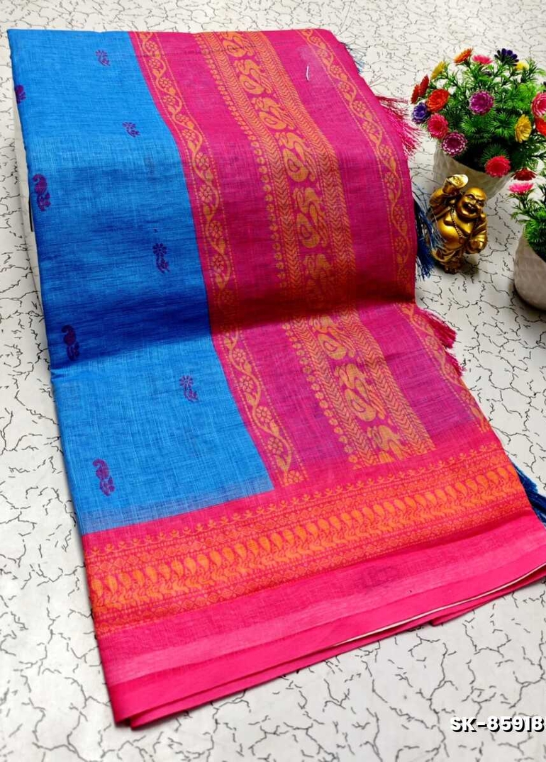 DIGITAL PRINTING KALIYANI LINEN COTTON SAREES - BLUE SHADE