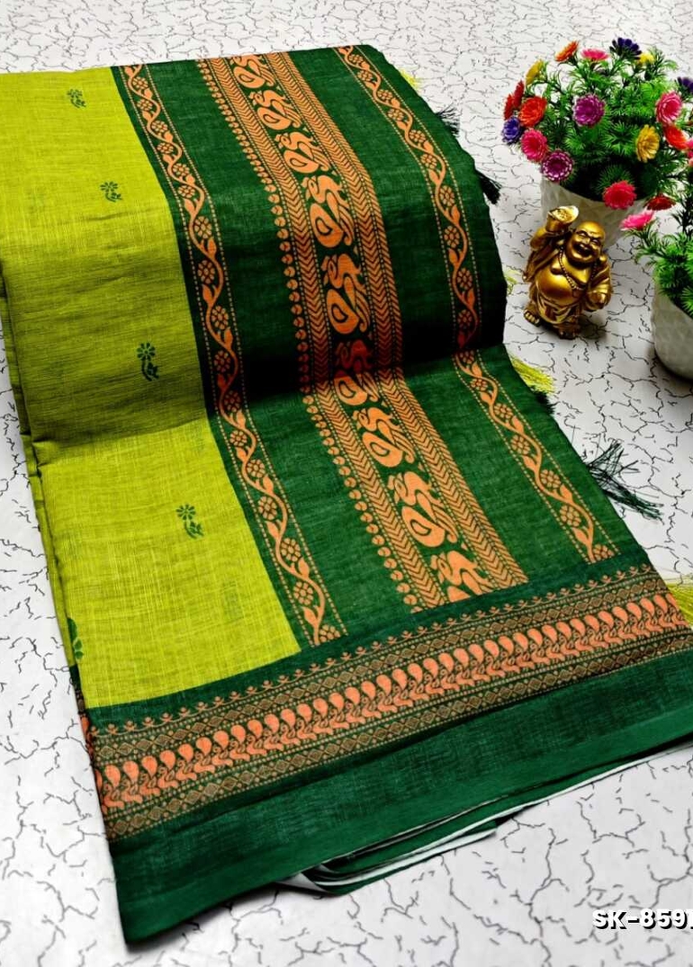 DIGITAL PRINTING KALIYANI LINEN COTTON SAREES - LIGHT GREEN