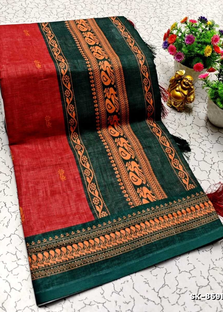 DIGITAL PRINTING KALIYANI LINEN COTTON SAREES - MAROON COLOR