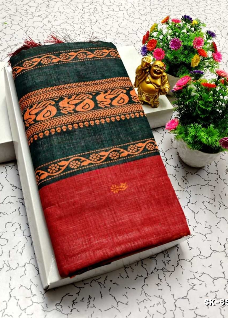 DIGITAL PRINTING KALIYANI LINEN COTTON SAREES - MAROON COLOR