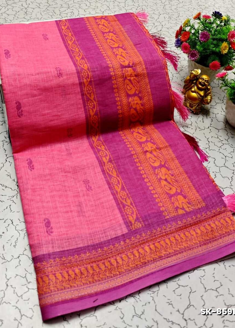 DIGITAL PRINTING KALIYANI LINEN COTTON SAREES - LIGHT PINK