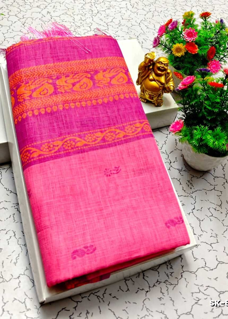 DIGITAL PRINTING KALIYANI LINEN COTTON SAREES - LIGHT PINK