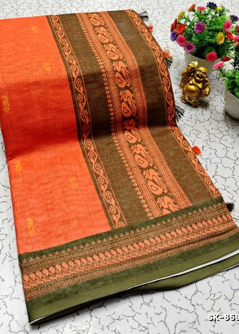 DIGITAL PRINTING KALIYANI LINEN COTTON SAREES - ORANGE (1)