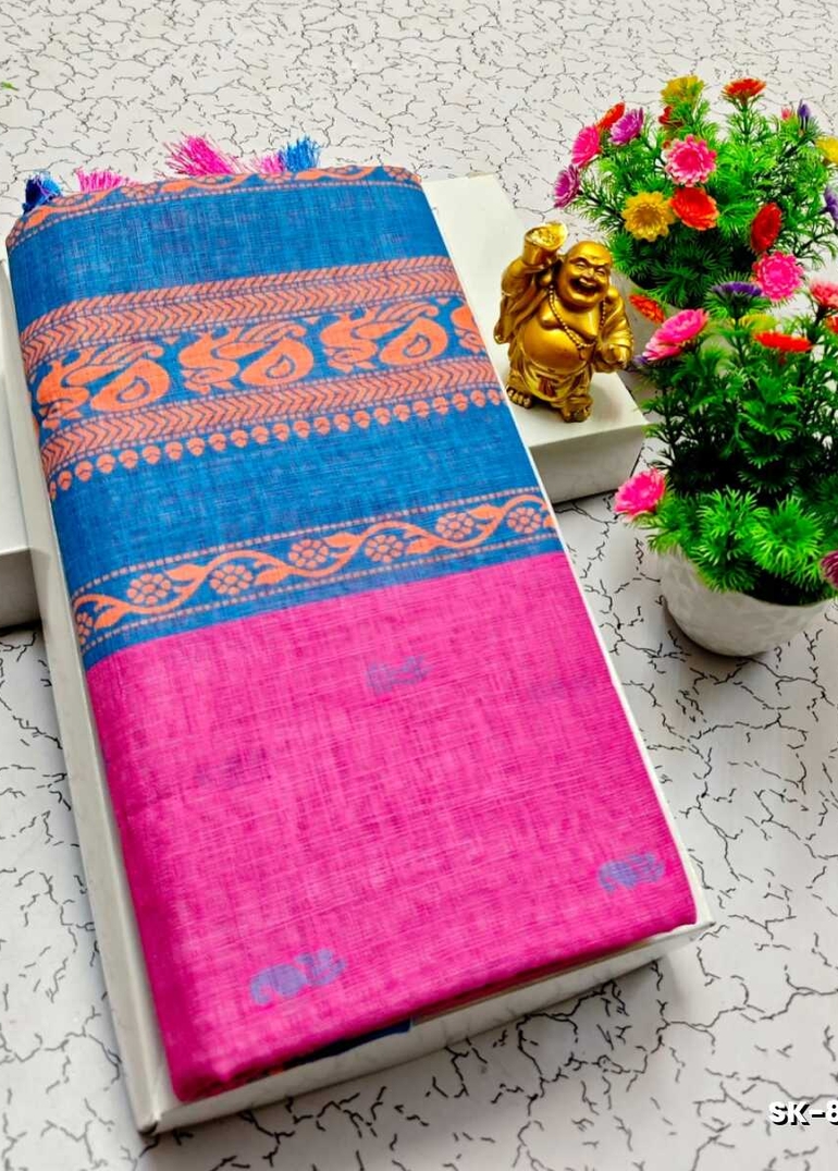 DIGITAL PRINTING KALIYANI LINEN COTTON SAREES - PINK (1)