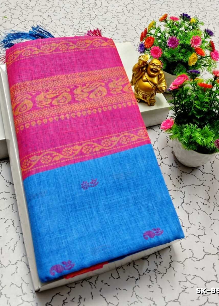 DIGITAL PRINTING KALIYANI LINEN COTTON SAREES - BLUE SHADE
