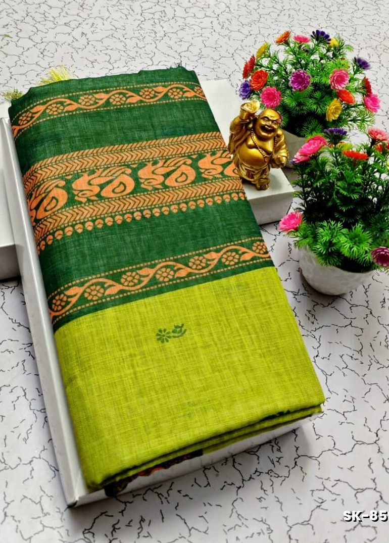 DIGITAL PRINTING KALIYANI LINEN COTTON SAREES - LIGHT GREEN